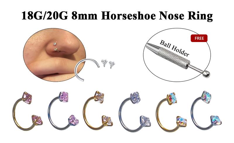 20G(0.8mm)/18G(1.0mm) 8mm Horseshoe Nose Hoop Internally Threaded Gems Nose Ring with Free Ball Holder