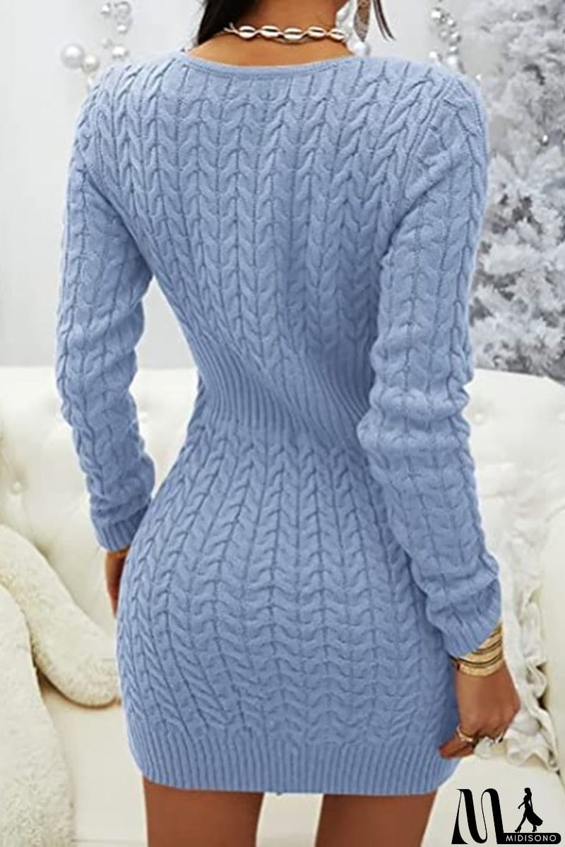 MidiSono - Zipper V Neck Bodycon Sweater Dress