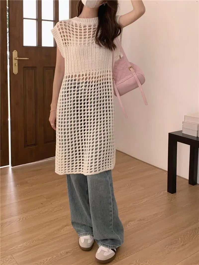 Aiertu Retro Niche Folded Wear Hollowed Out Knitted Mesh White Dress Summer Design Sense Loose Sundress Smock Can Be Worn Double-sided Aiertu