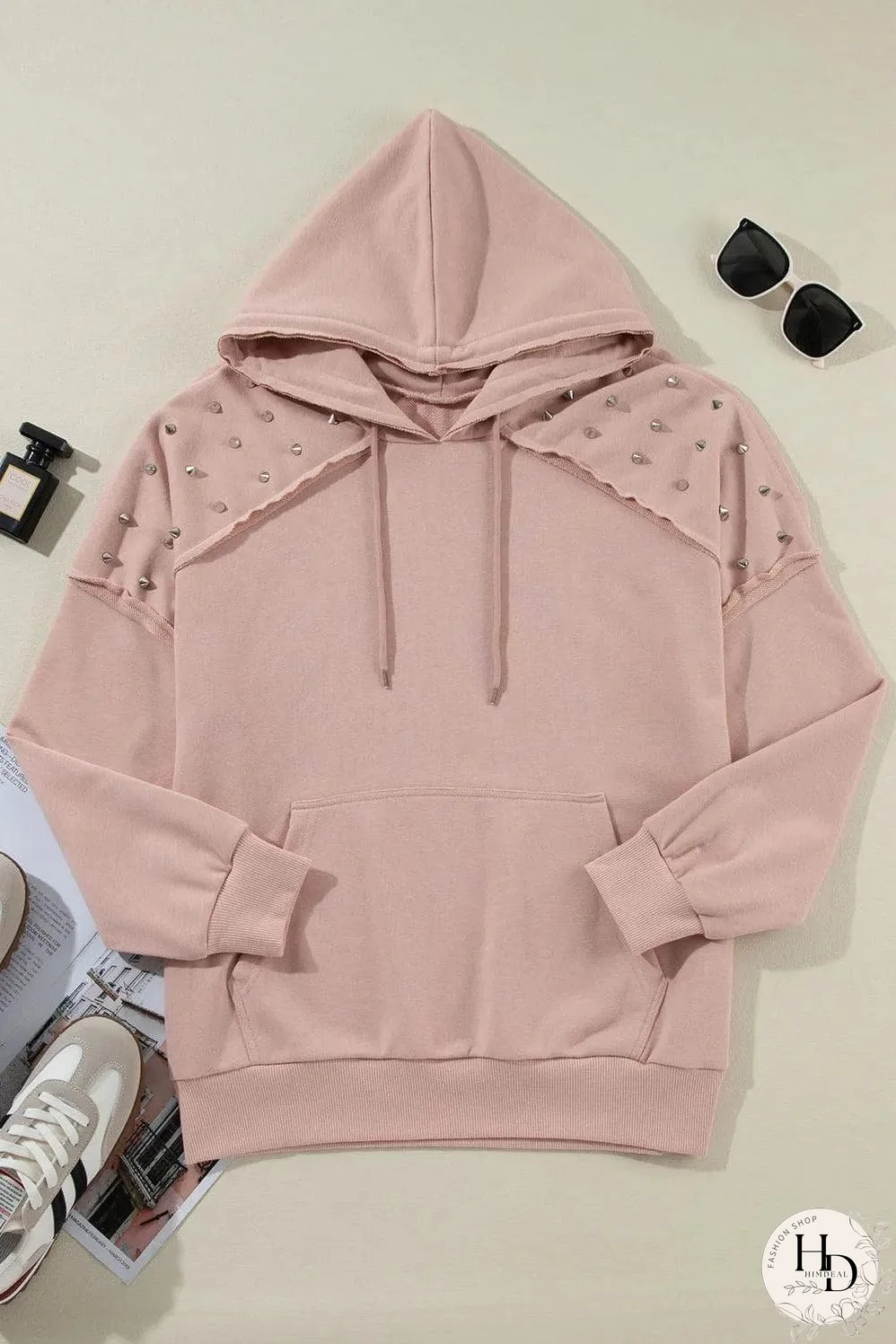Fushia Solid Color Rivet Stud Raglan Sleeve Hoodie with Pocket