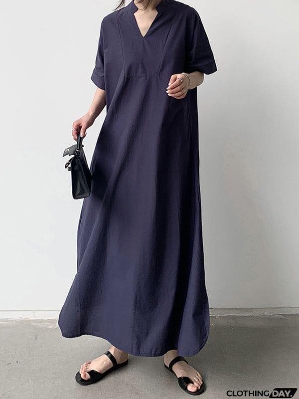 Loose Short Sleeves Solid Color V-Neck Maxi Dresses