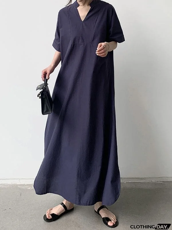 Loose Short Sleeves Solid Color V-Neck Maxi Dresses