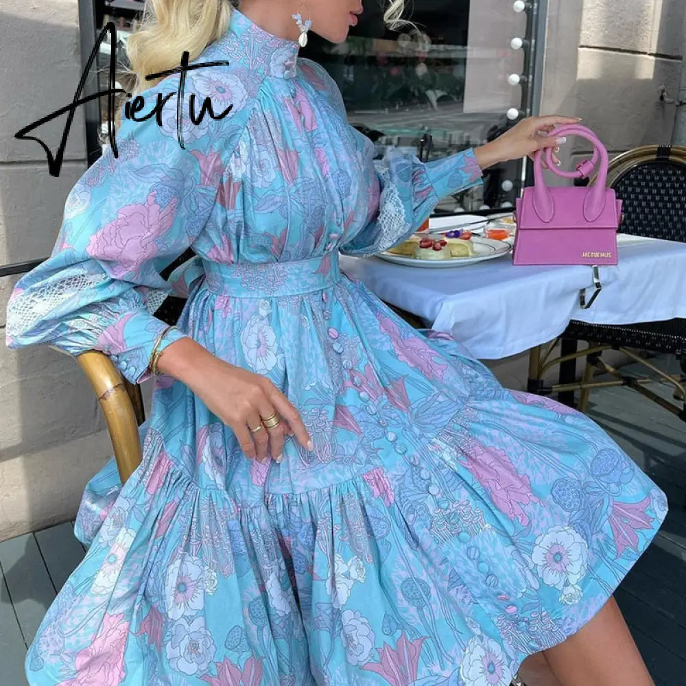 Spring Autumn Woman Printed Long Sleeve Boho Midi Dress Elegant High Waist Stand Collar Buttons Slim Dresses Lady Party Vestidos Aiertu