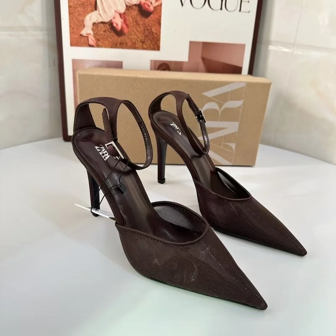 Breakj Breakj Home 2025 New Women's Shoes Low Heel Temperament High Heels High-Heeled Shoes Back Scratched Single Shoe Net Face Brown