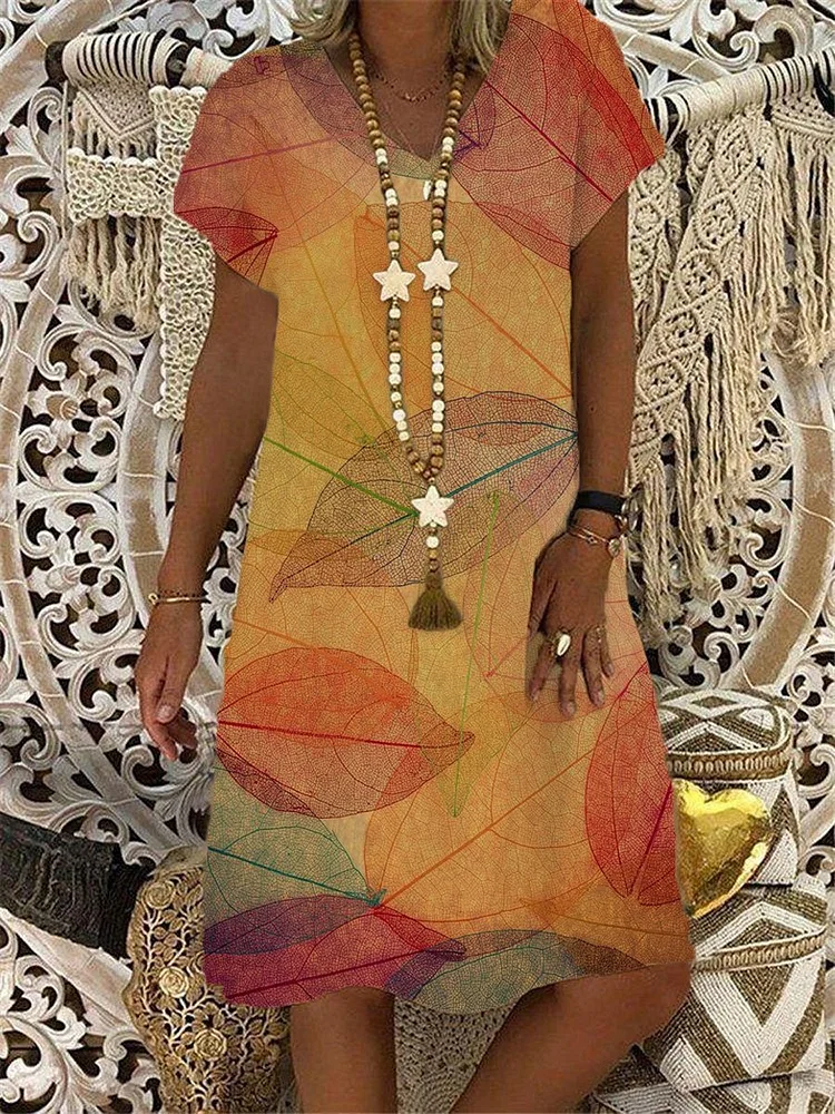 Leaf Casual V Neck Dresses-Mayoulove