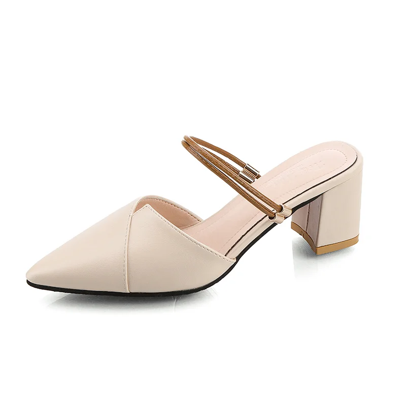 Qengg Women Mules Slipper Pointed Toe Block Strap Closed Shallow High Heels Shoes Sandals Black Beige Square Heel Pumps
