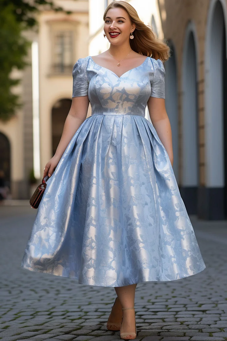 Flycurvy Plus Size Wedding Guest Blue Satin Jacquard High Waist Sweetheart Neck Tea-Length Dress  Flycurvy [product_label]