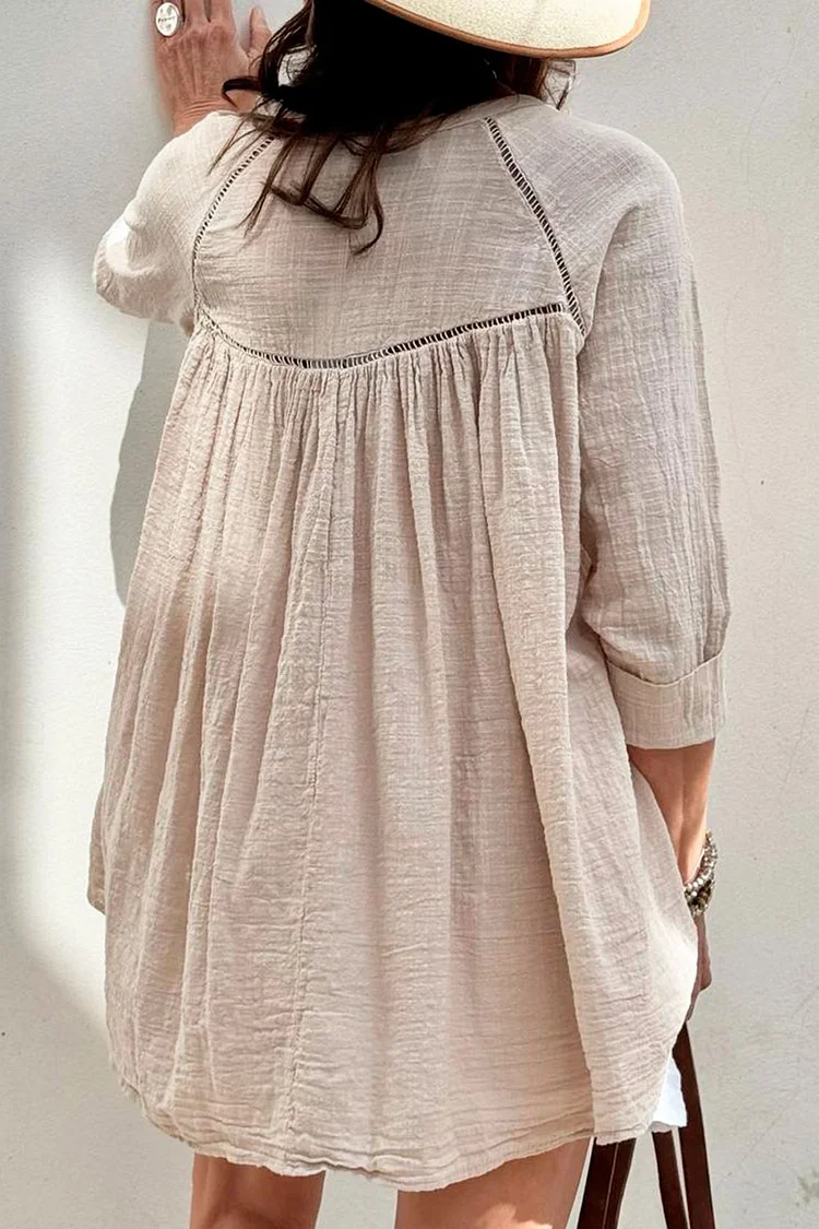 Notched Collar Button Long Sleeve Hollow Out Pleated Linen Blouse [Pre Order]