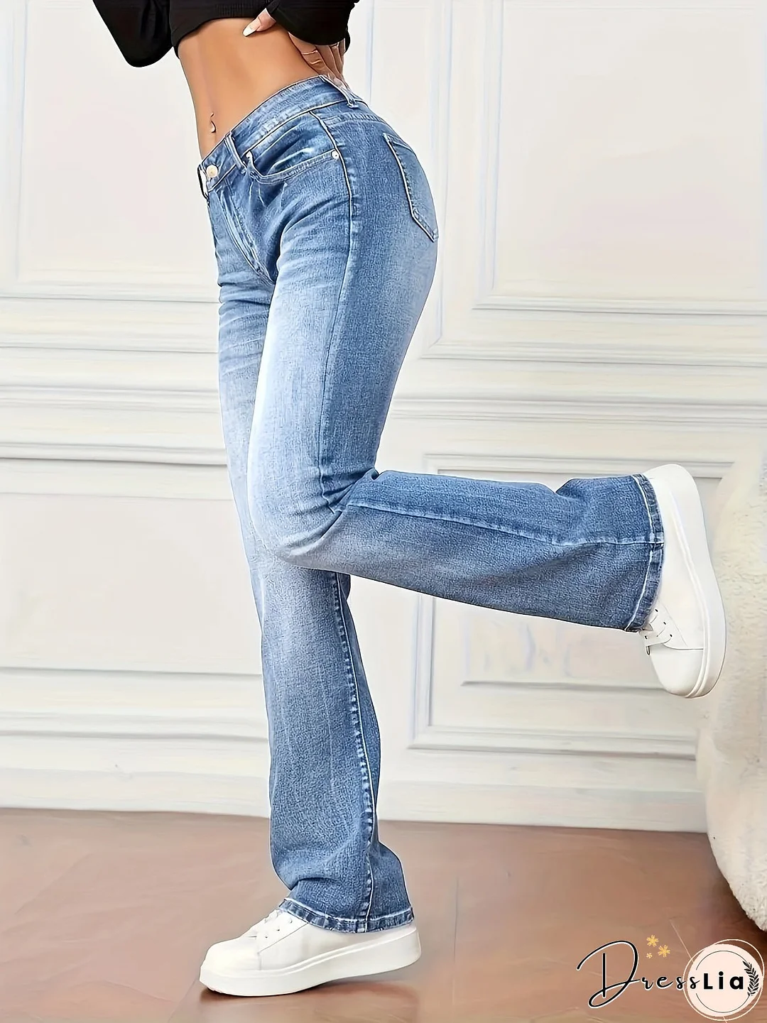 Washed Mid-Stretch Bootcut Jeans, Slant Pockets Versatile Denim Pants, Women's Denim Jeans & Clothing