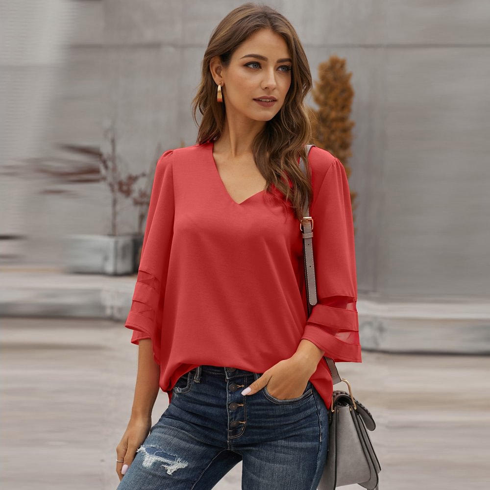 Solid And V-neck Three-quarter-length-sleeved T-shirt Loose Women's Shirt Casual