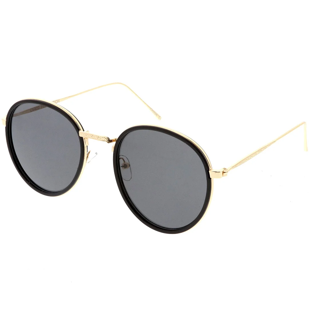 Modern Round glasses Engraved Slim Metal Arms Neutral Color Flat Lens