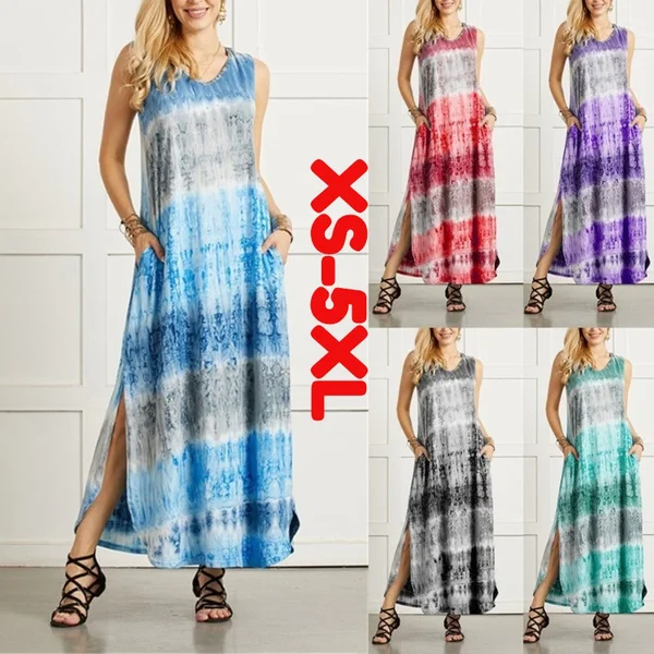 Womens Boho Sleeveless Maxi Dress Summer Casual Loose Tie dye printing Long Sundress Plus Size