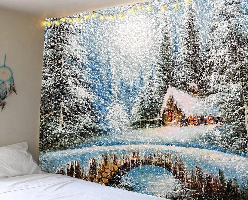 Christmas Tree Fireplace Warm Family Wall Hanging Backdrop Home Room Decoration Gift Tapestry