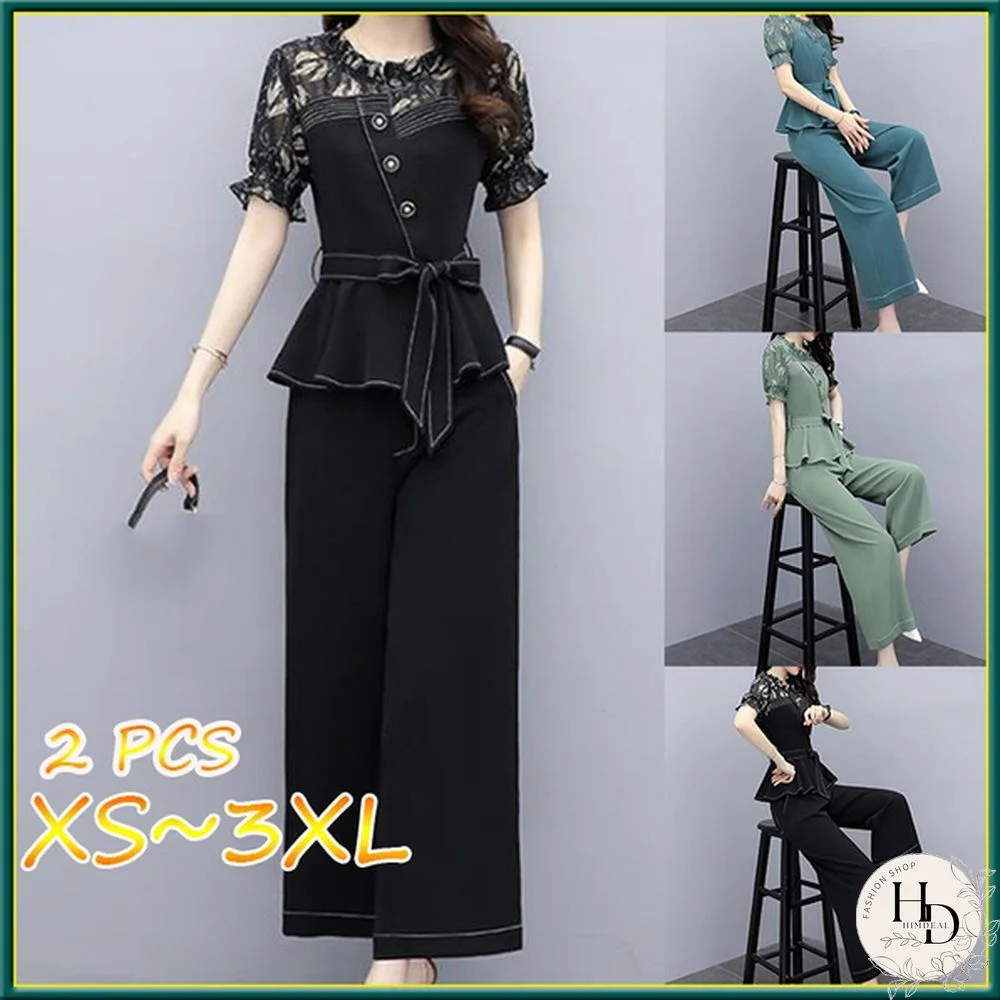 Summer Chiffon Office Two Piece Sets Outfits Women Lace Spliced Belted Tops + Wide Leg Pants Suits Fashion Elegant Sets