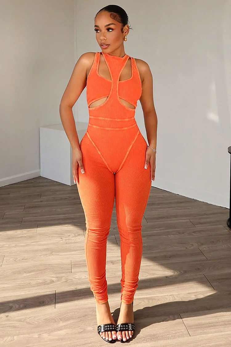 Cut Out Layered Quilted Stretch Knit Sleeveless Bodycon Jumpsuit-Orange [Pre Order]