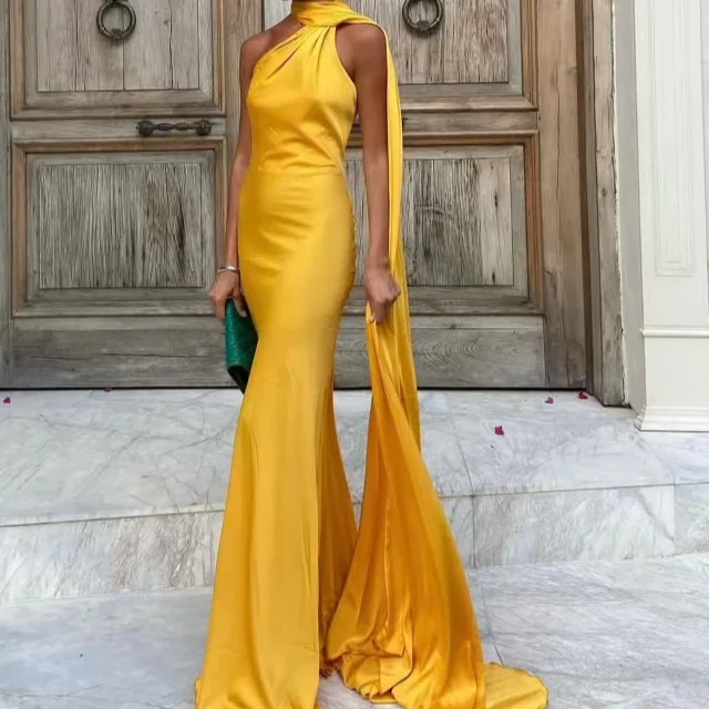 Nigikala Nigikala Homemade Niche New Women's Clothing In Spring And Summer Solid Color Hanging Neck Silk And Siding Texture Dress