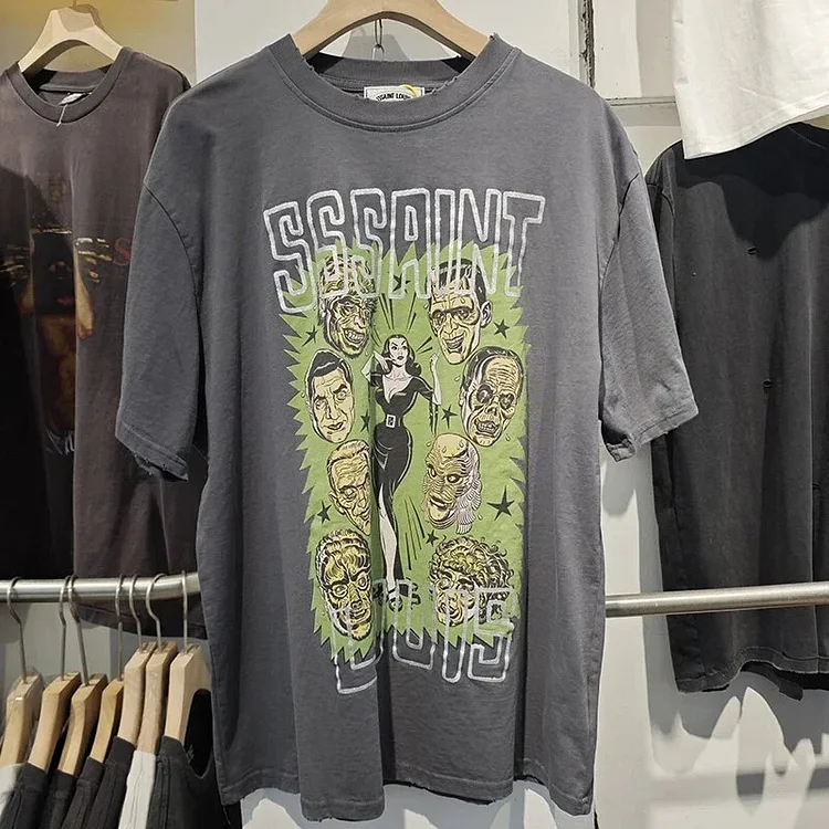 Greeceaw Saint Louis Vintage Washed and Damaged Style Street Retro Trendy Men's Casual Loose T-shirt Short Sleeved Tee