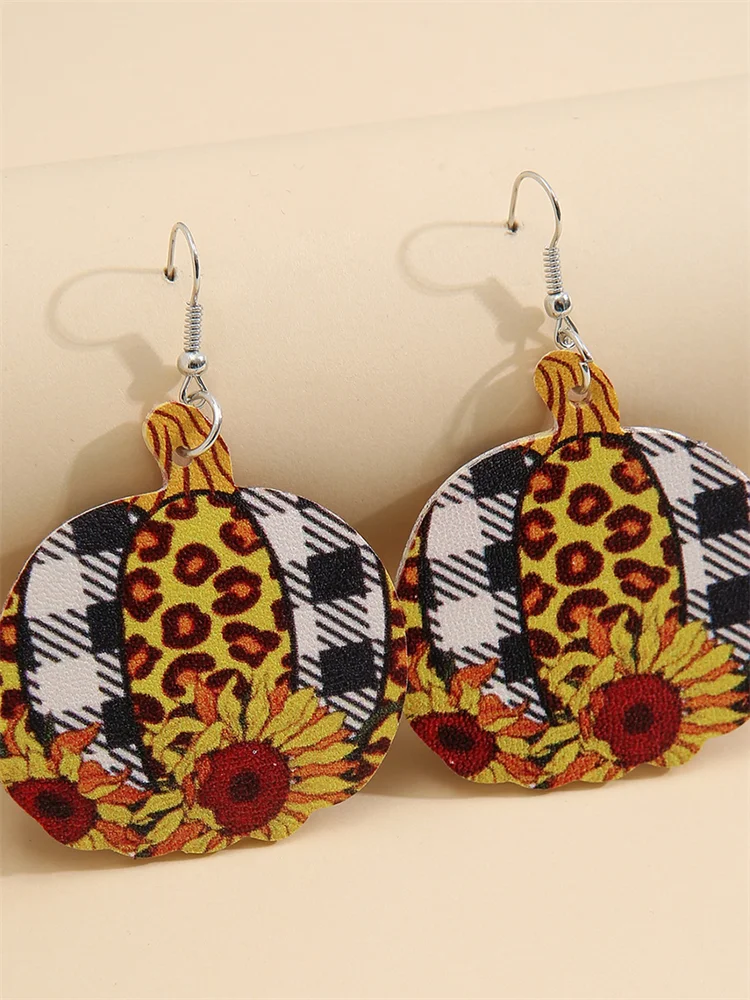 Leopard Sunflowers Pumpkin Leather Earrings