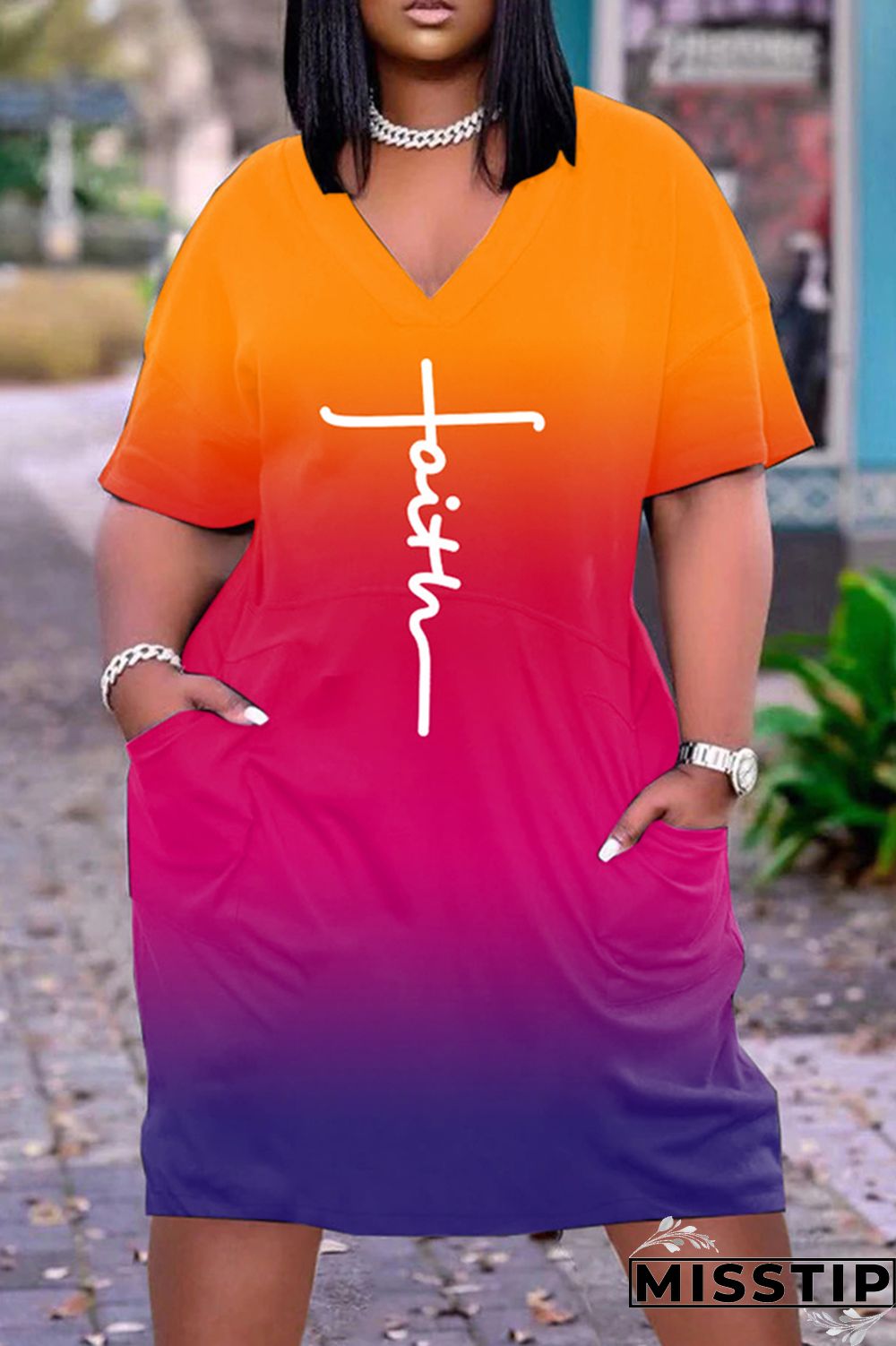 Multi-color Fashion Casual Print Patchwork V Neck Short Sleeve Dress