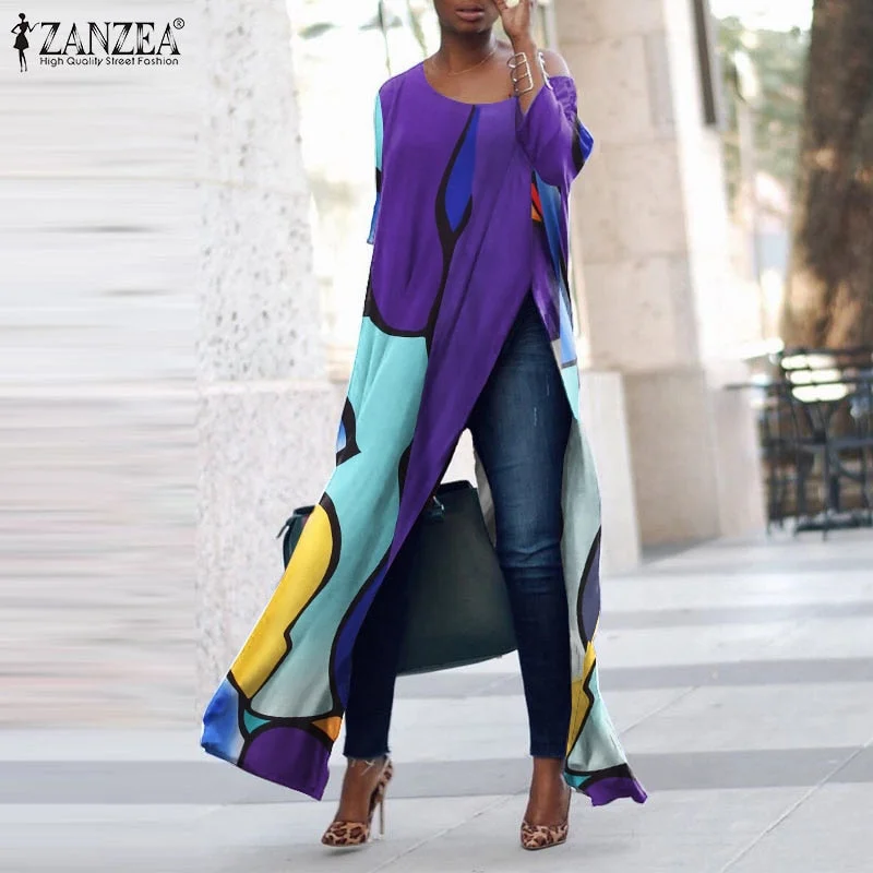 Baggy Work Blusas Women Summer Printed Long Tops ZANZEA Bohemian Floral Short Sleeve Blouse Casual O Neck Split Hem Shirt Femme