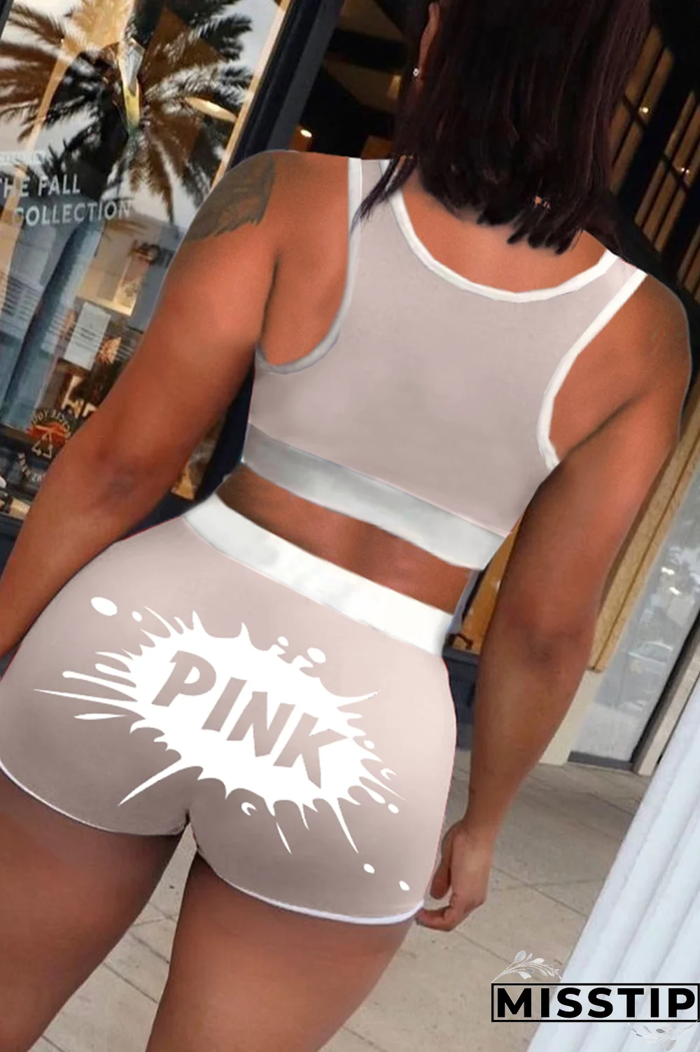 Black Street Print Patchwork U Neck Plus Size Two Pieces