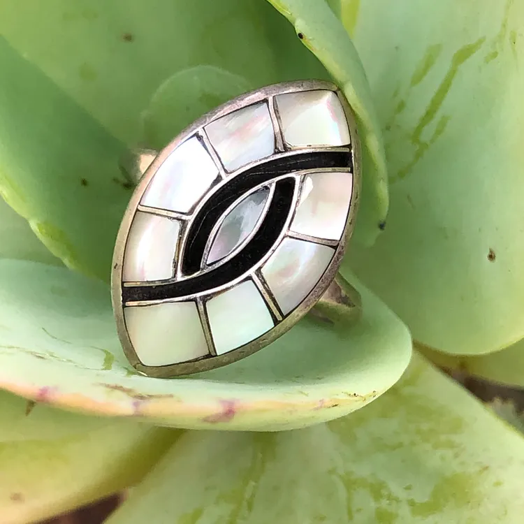 Mother of Pearl Inlay Ring in Sterling Silver Signed Zuni 1984