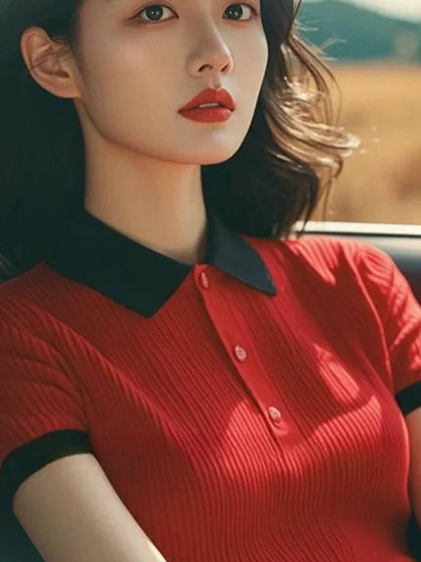 Athvotar Athvotar Splicing Bump Color Collar Knitting Shoulder Short-Sleeved T-Shirt Vertical Texture Thin Summer Women's Korean Top