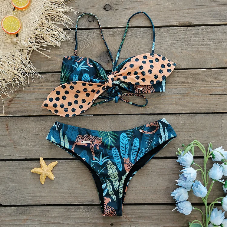 Flaxmaker Leopard Print Polka Dot Bowknot Decor Bikini Swimsuit