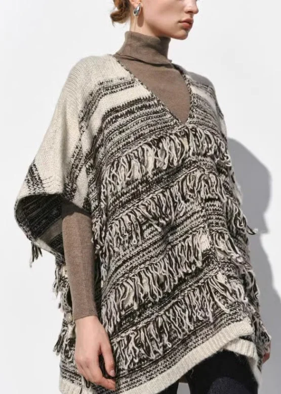 French Colorblock V Neck Tasseled Woolen Vest Tops Cloak Sleeves