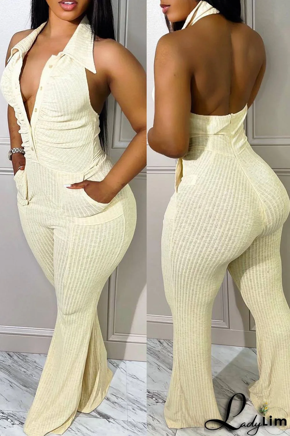 Beige Sexy Casual Solid Backless Fold Turndown Collar Skinny Jumpsuits