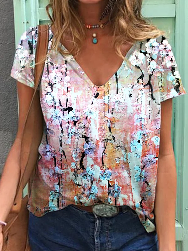 Violet Blossoms V-Neck Short Sleeve Tee