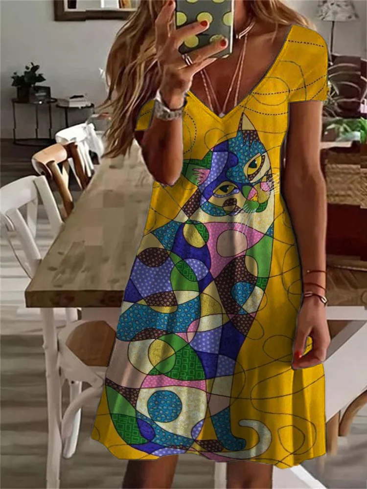 Classy Cat Colorblock Geometric Art V Neck Midi Dress