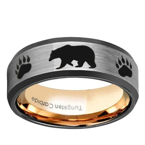 Women's Or Men's Hunting Ring / Bear Crossing Wedding Band Rings,Brushed Silver Tungsten Carbide Bands with Bear Walking and Paw Prints Laser Design,Inner Gold Domed Top Hunter's Wedding Band Rings With Mens And Womens For Width 4MM 6MM 8MM 10MM