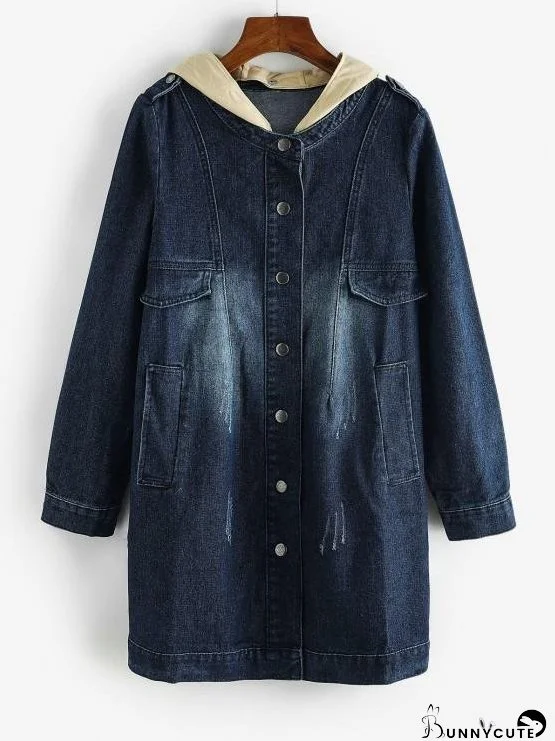 Distressed Detachable Hood Combo Denim Coat
