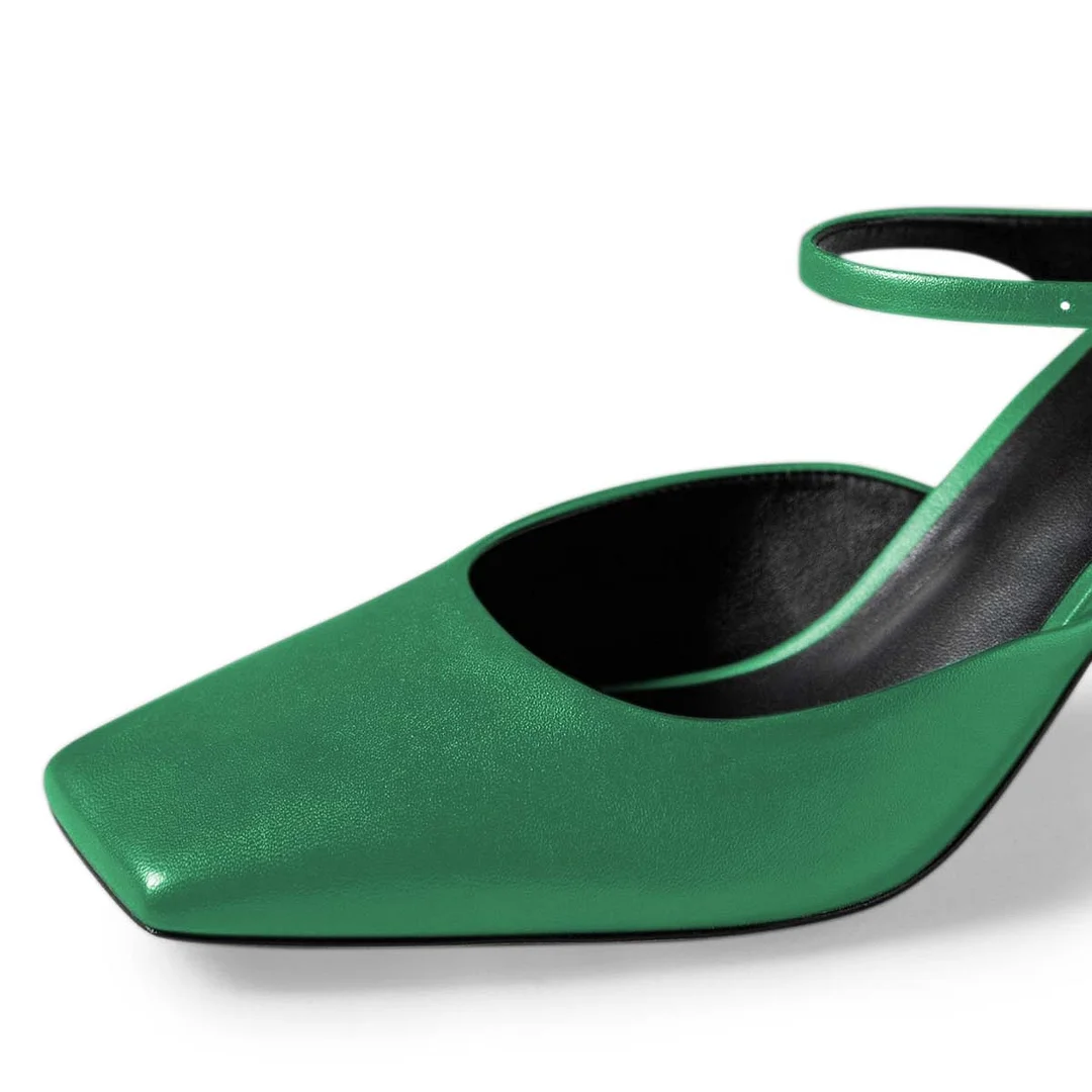 Green Vegan Leather Square Toe Buckle Strap Block Heel Mary Janes