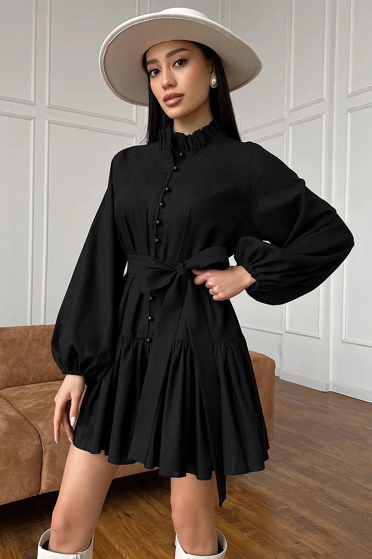 Ruffled Mock Neck Lantern Sleeve Button Up Tie Up Pleated Mini Dresses