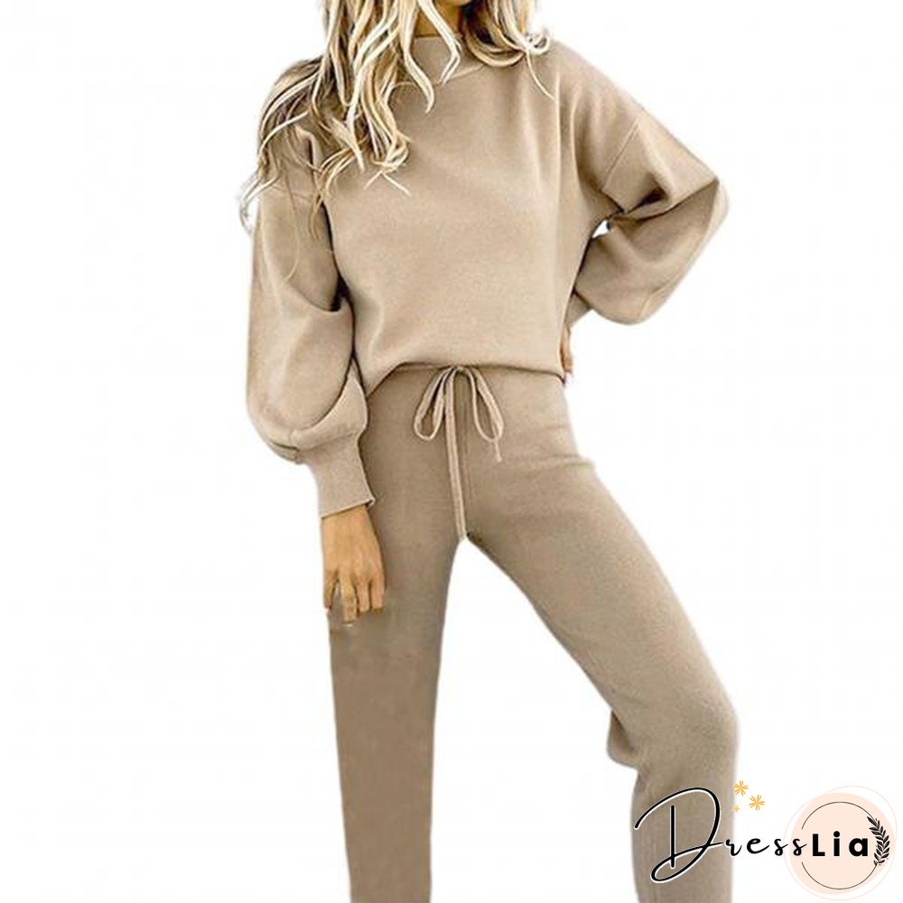 Women Outfit Pocket Thick Solid Color Loose Pullover Pants Set For Office