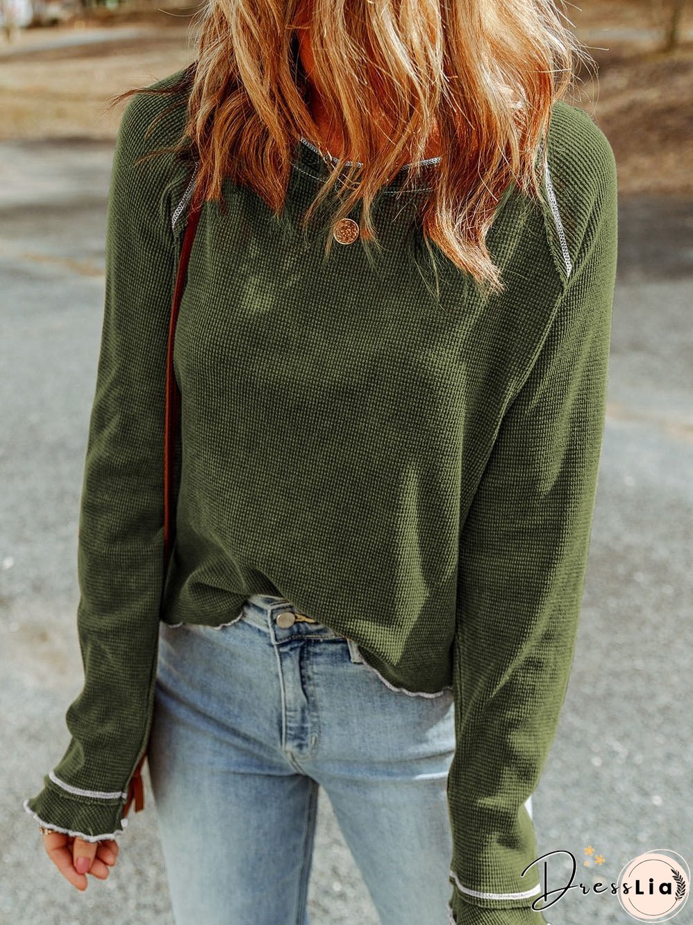 Green Waffle Knit Shift Top with Round Neck and Long Sleeves