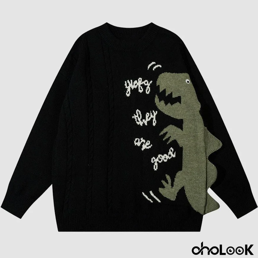 Dinosaur Pattern Patchwork Solid Color Sweater