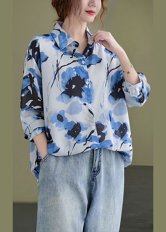 VCSHOES Blue PeterPan Collar Button Print Fall Tops Long sleeve