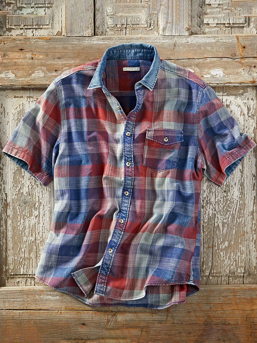 Men's Red Plaid Patch Pocket Short Sleeve Cotton and Linen Shirt