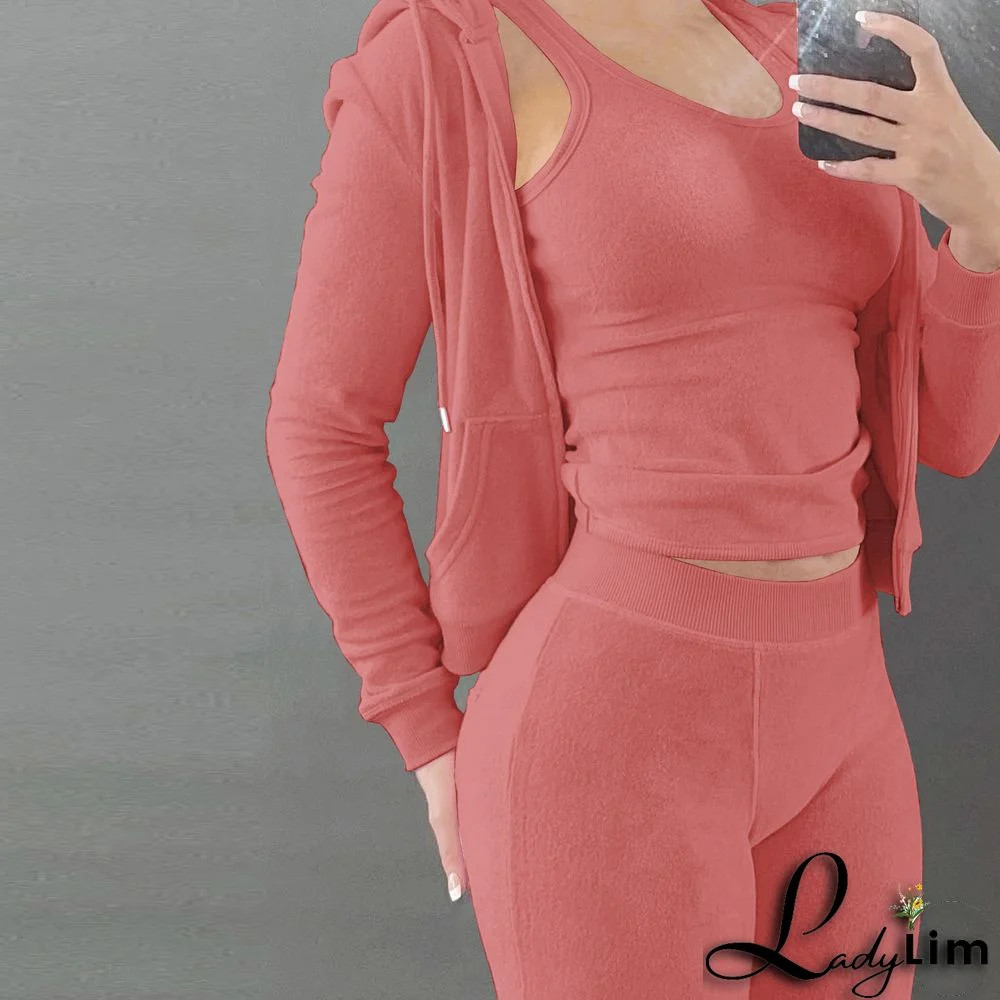 Women's Autumn/Winter Fleece Vest Hooded Three-Piece