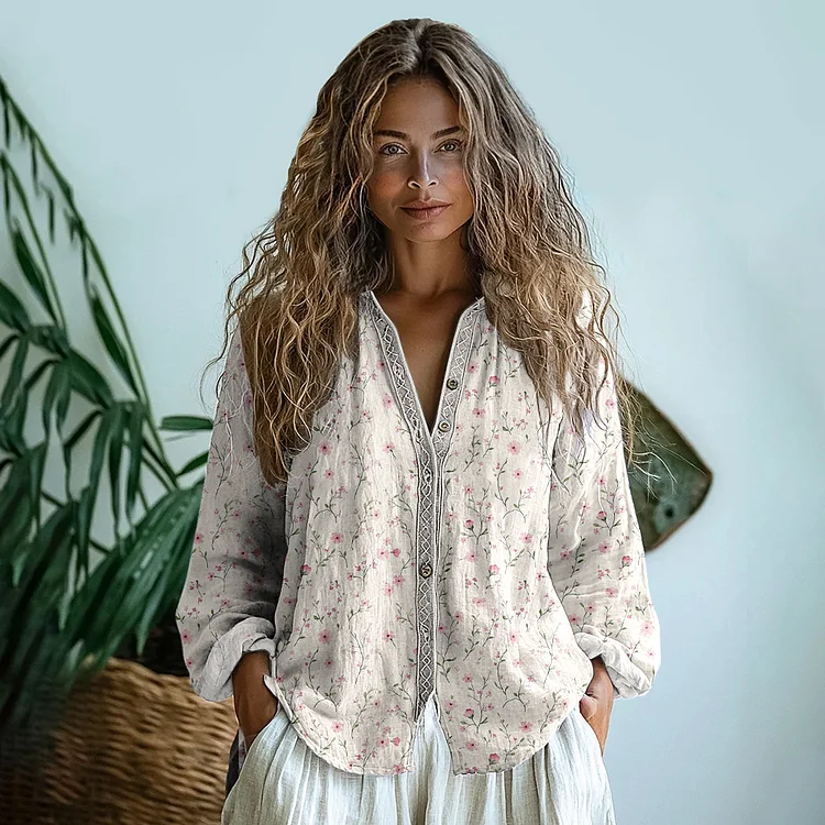 Vintage Wildflowers Floral Art  Linen Print  Long Sleeve Shirt