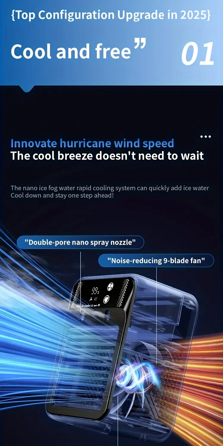 2025 new cooled fan with ice cooling portable desktop spray humidifier rechargeable or usb powered 2 battery capacity 3000mah square shape 36v or below no portable air cooler modern aesthetic durable build quality portable air cooler Product details 2