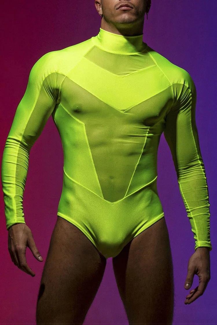 Ciciful Neon See Through Mesh Patchwork Back Zipper Stretchy Lime Green Bodysuit