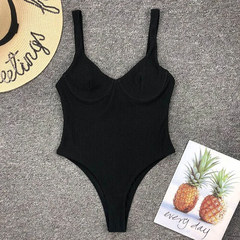 INGAGA Sexy Push Up Swimsuit One Piece Ribbed Swimwear Women 2022 New High Cut Bodysuit Women 2022 Solid Bathing Suits Beachwear