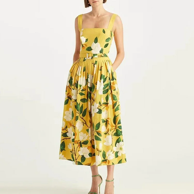 Yellow Printed Belt Slip Dress