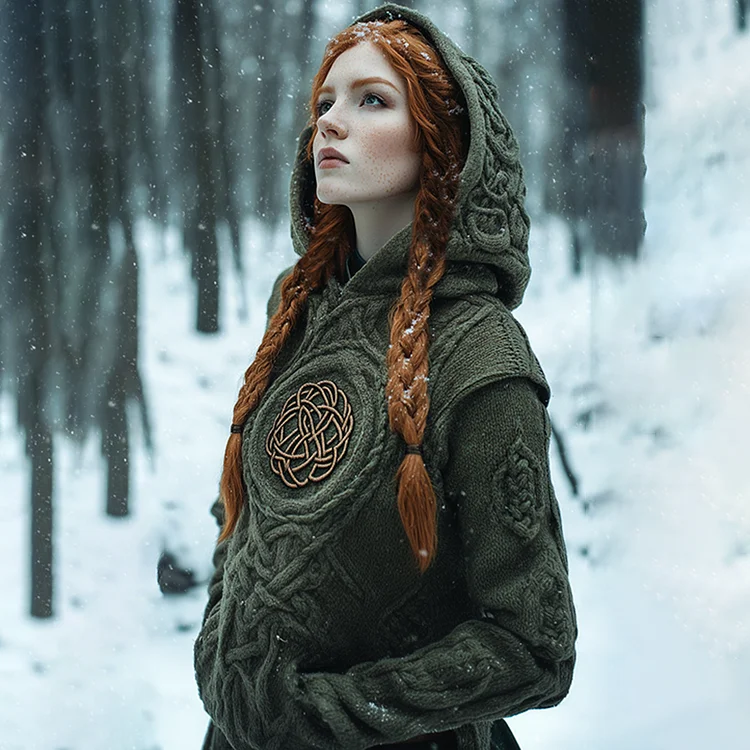 Women's Viking Tribal Celtic Chunky Knit Hooded Sweater