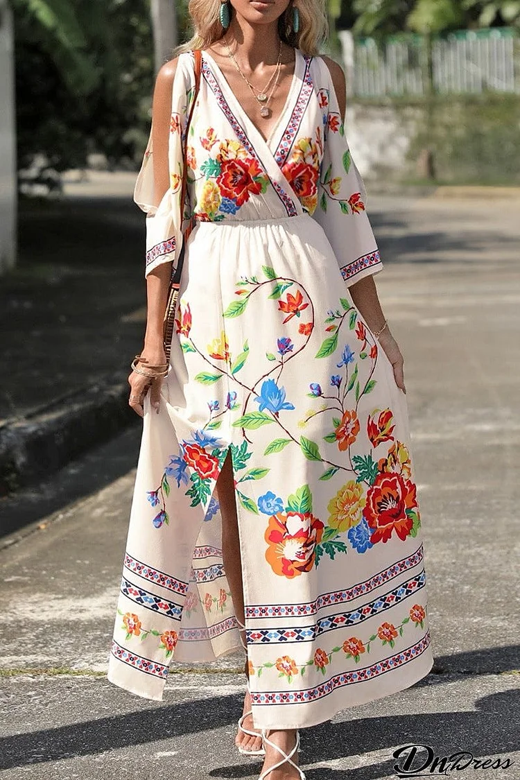 Bohemian College Floral Slit V Neck A Line Dresses