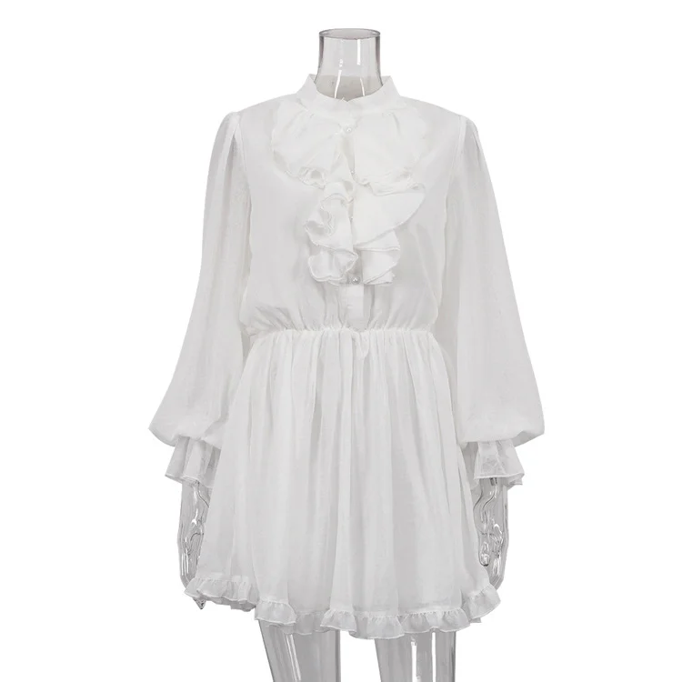 Elegant Ruffled Stand Collar Long Sleeve Elastic Waist Dress